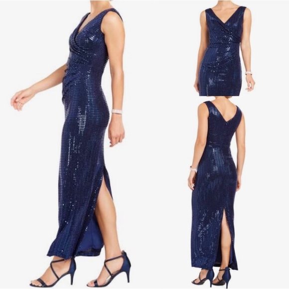 Women's Betsey & Adam Navy Blue Evening Sequin Gown ( 4 ) - Picture 1 of 10